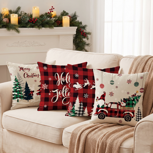 Buffalo Plaid Christmas Truck Cushion Covers – Set of 4 – full set styled on a sofa