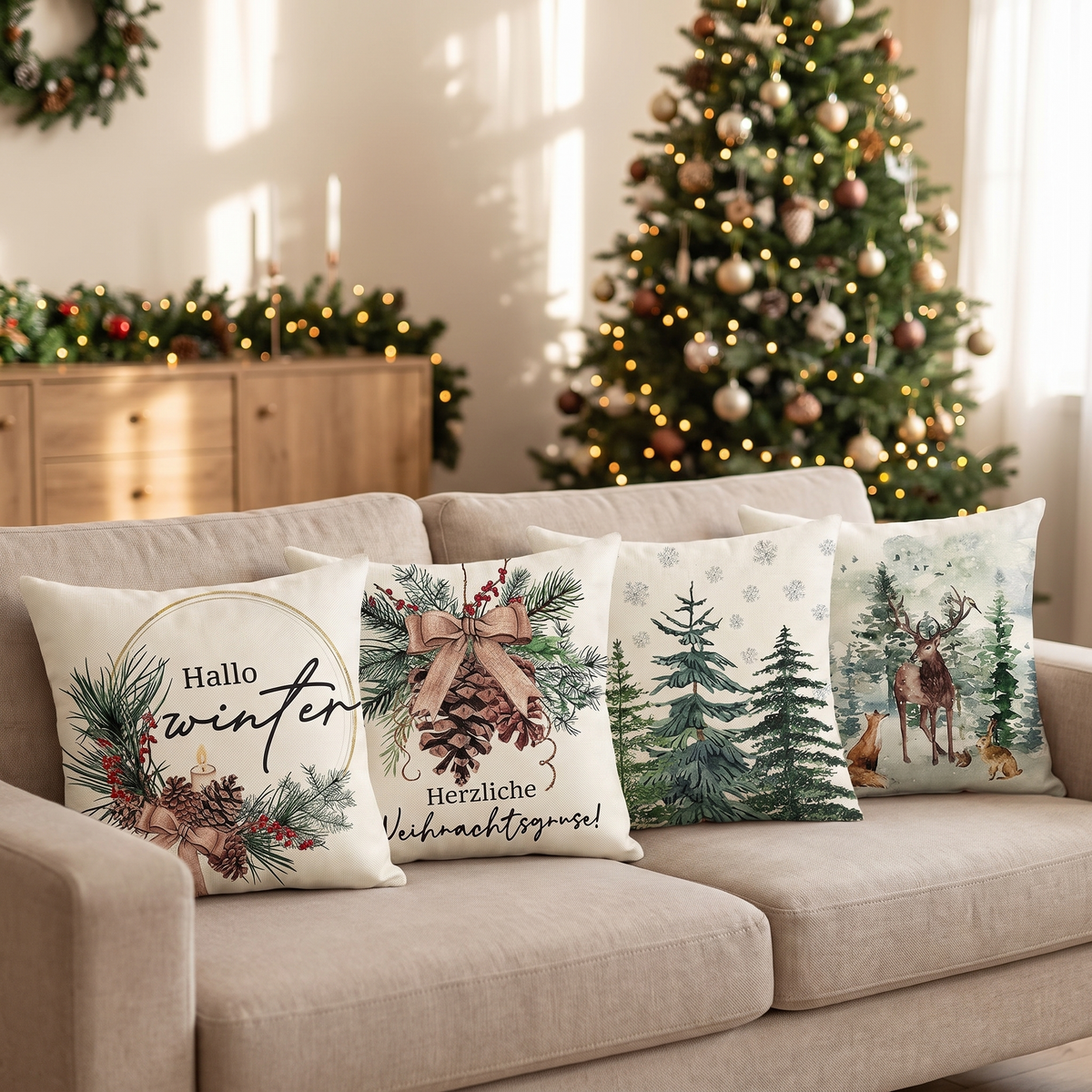 Classic Christmas Cushion Covers – Set of 4 – full set styled on a sofa