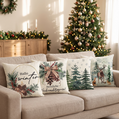 Classic Christmas Cushion Covers – Set of 4 – full set styled on a sofa