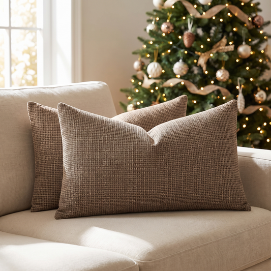 Linen Christmas Lumbar Cushion Cover – Coffee Brown – styled on a sofa