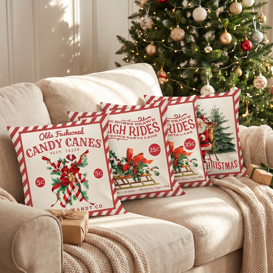 Vintage Red Christmas Cushion Covers – Set of 4 – full set styled on a sofa
