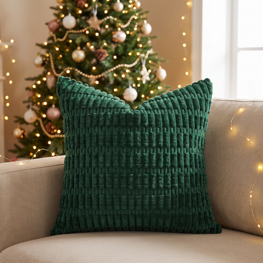 Boho Striped Corduroy Cushion Cover – Christmas Green – styled on a sofa