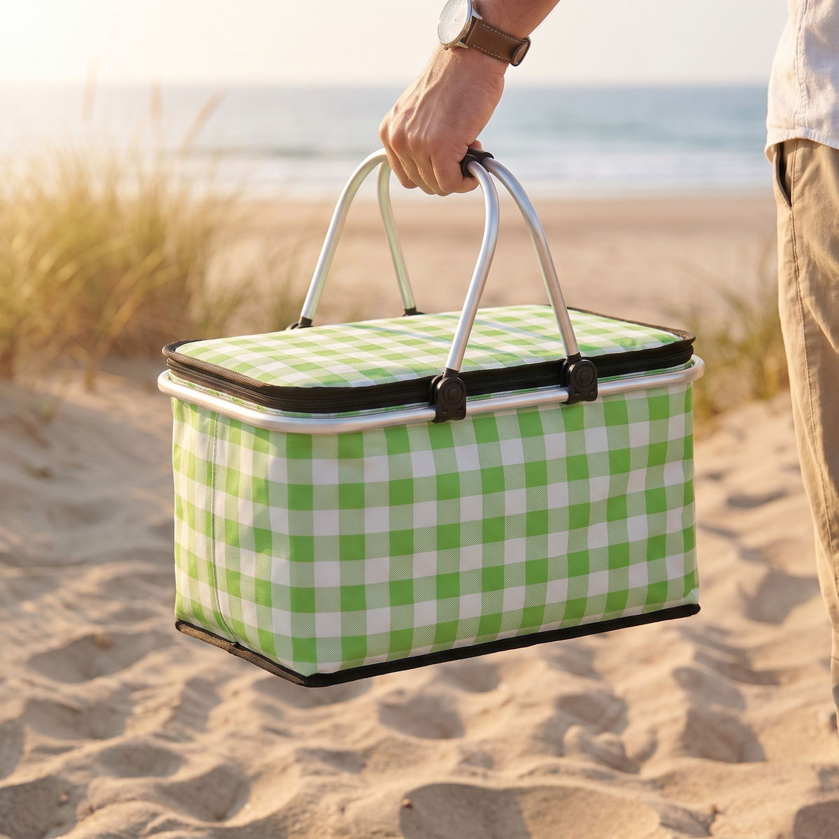Foldable Checkered Picnic Basket – folded to carry
