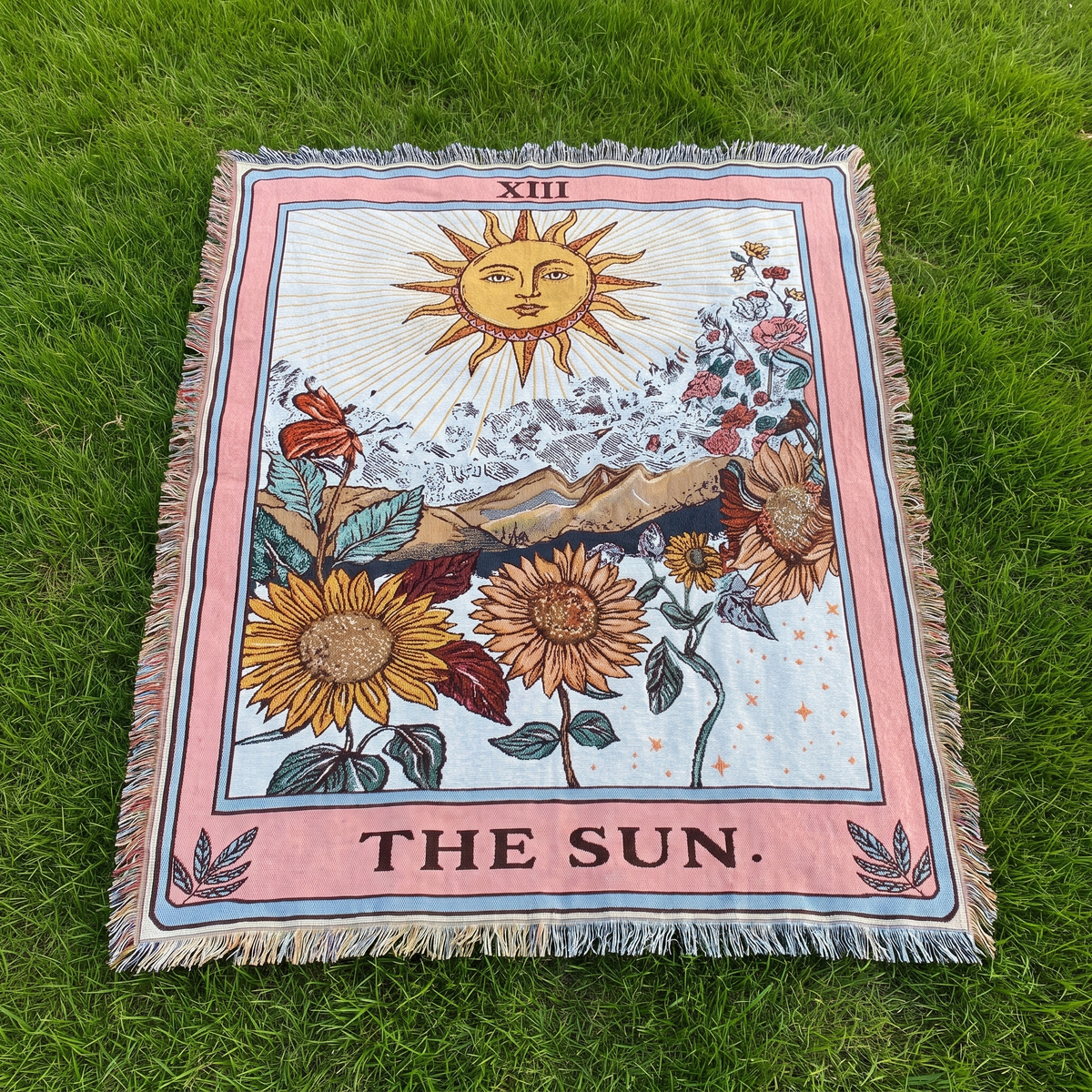 Boho Sun Tapestry Picnic Blanket – laid out from above