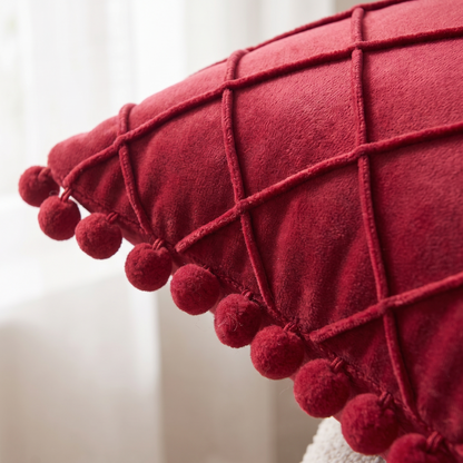 Quilted Luxe Cushion Cover with Pom Pom Trim – fabric close-up