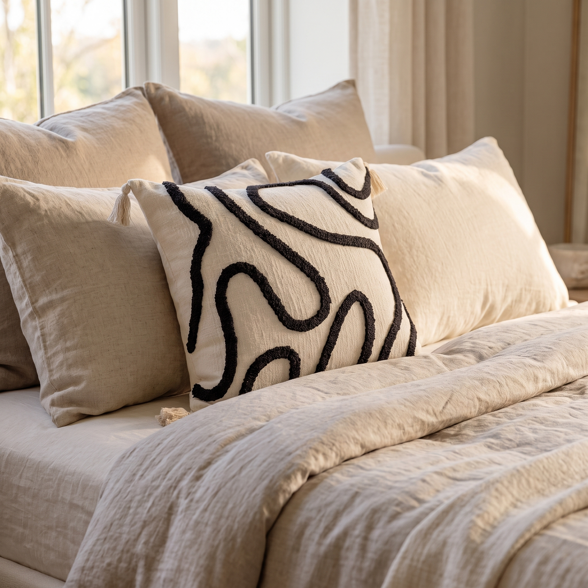 Wave Textured Cushion Cover – Serene Flow – styled on a bed