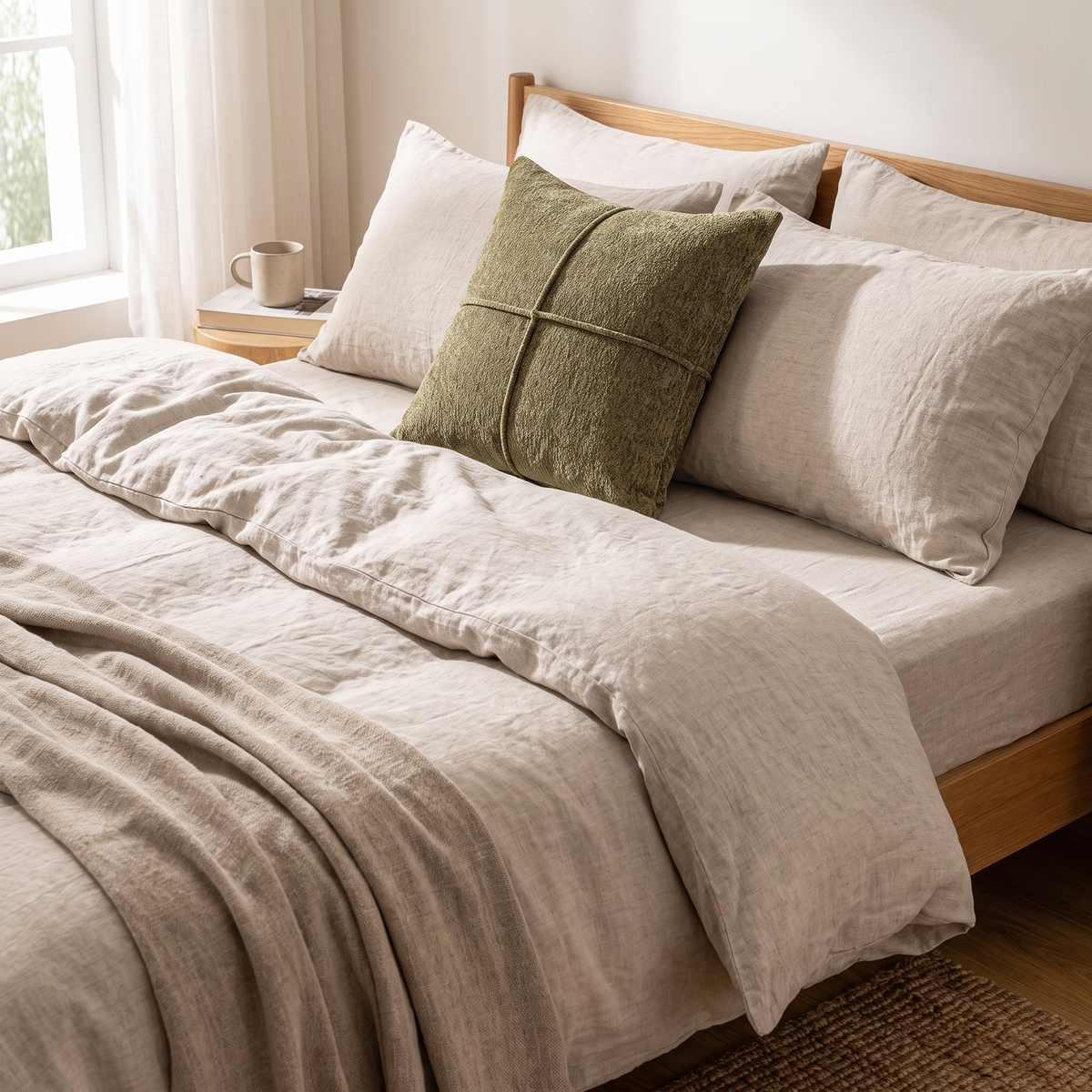 Stitched Textured Cushion Cover – Serene Stitch – styled on a bed