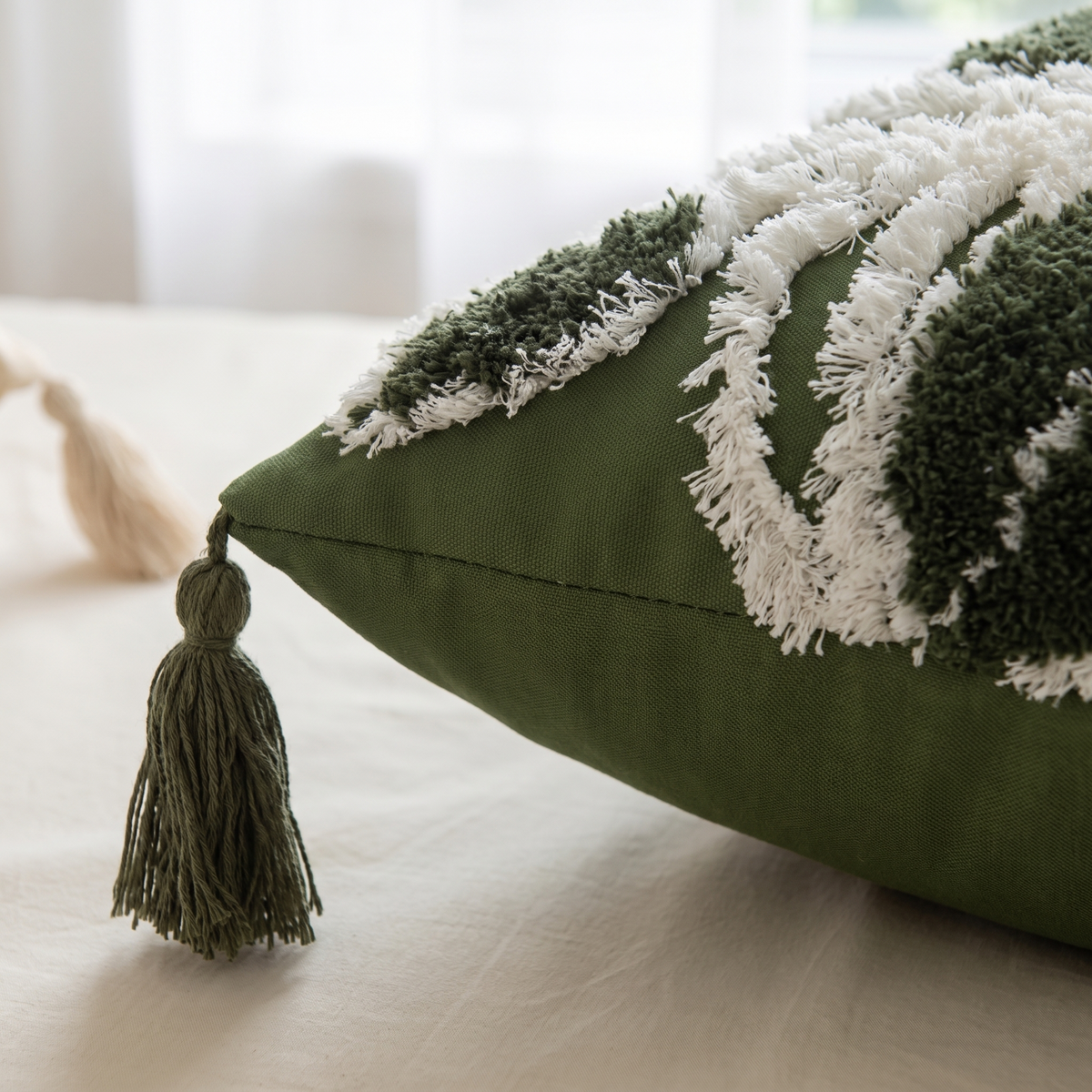 Plush Leaf Tassel Cushion Cover – Sage – fabric close-up