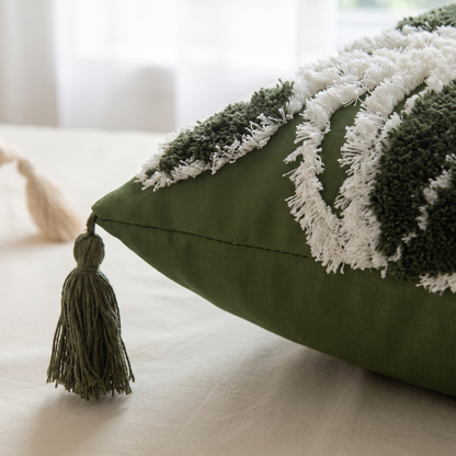 Plush Leaf Tassel Cushion Cover – Sage – fabric close-up