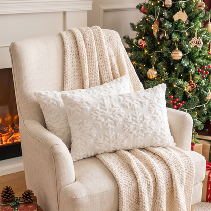 Snowflake Christmas Cushion Cover – Classic Knit Look – styled on an armchair