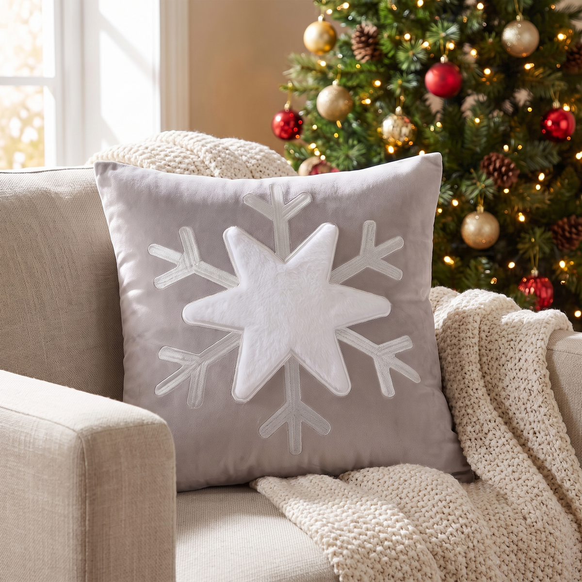 Snowflake Holiday Cushion Cover – Festive Print – styled on an armchair