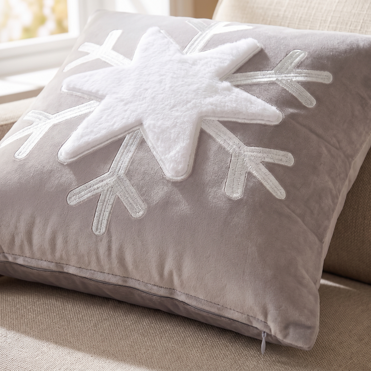Snowflake Holiday Cushion Cover – Festive Print – pattern and fabric close-up