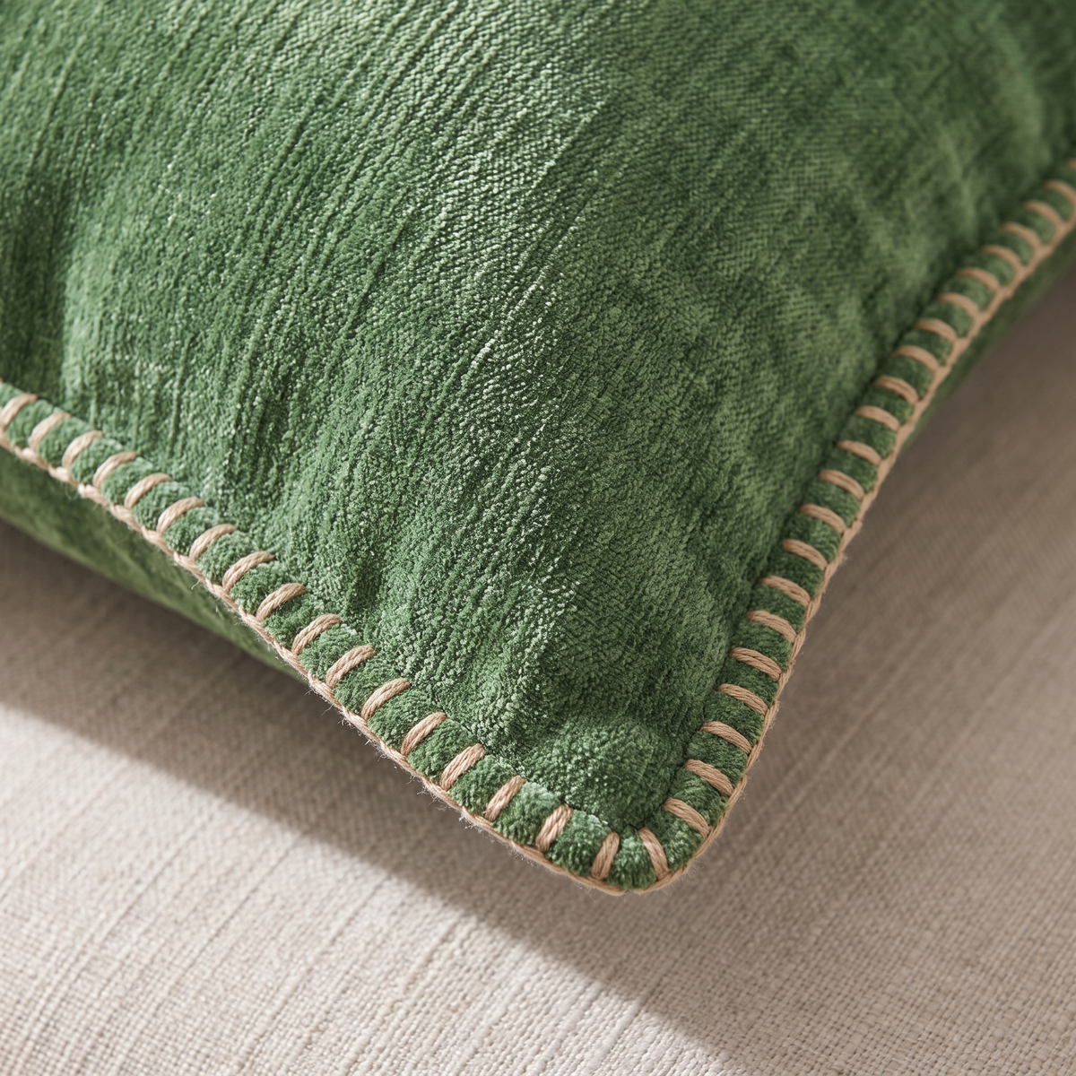 Stitched Edge Chenille Cushion Cover – Forest Green – fabric close-up