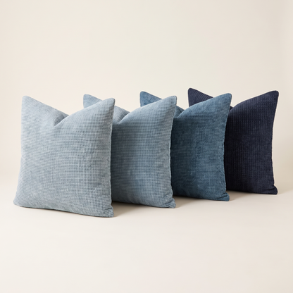 Coastal Blue Chenille Cushion Covers – Set of 4 – all designs side by side