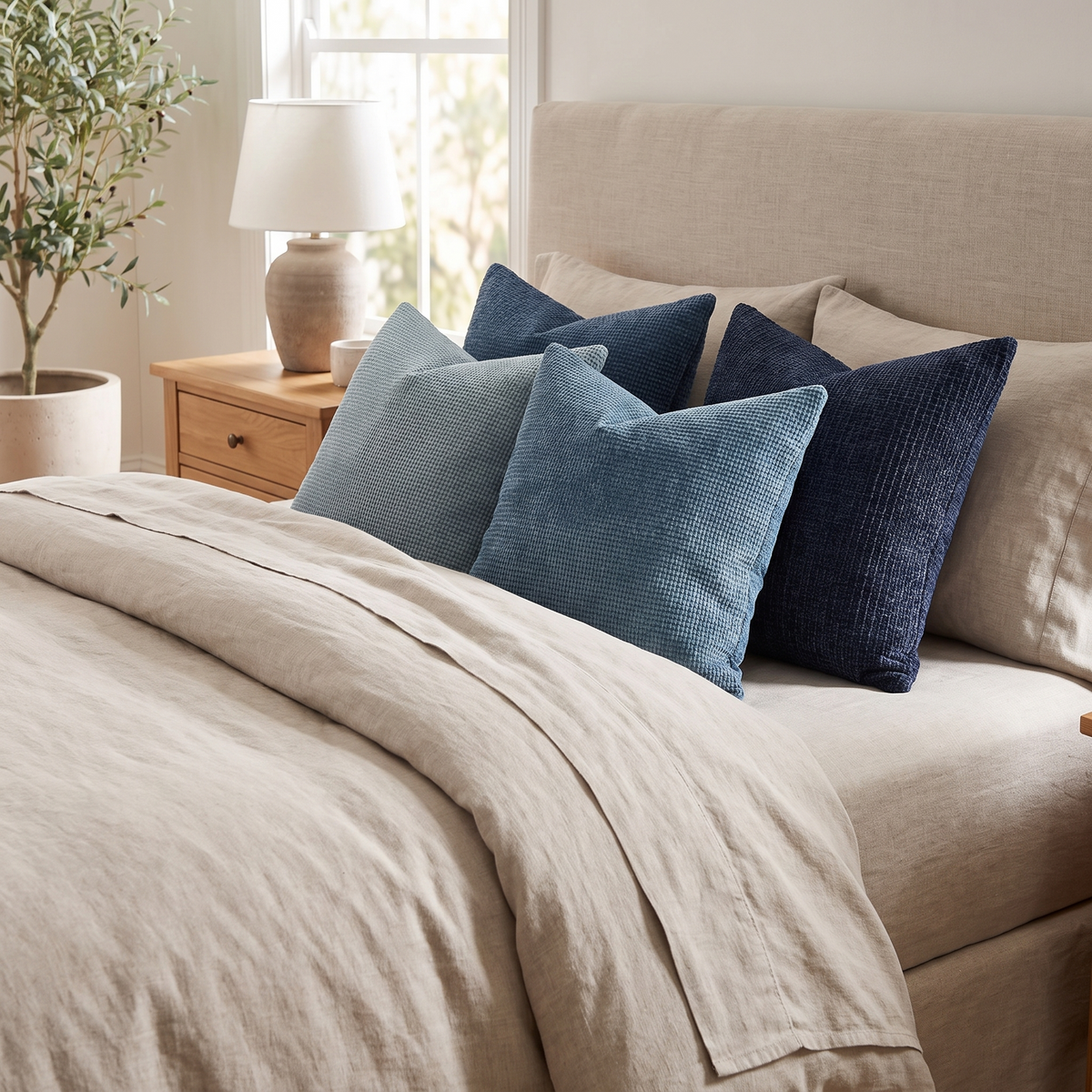 Coastal Blue Chenille Cushion Covers – Set of 4 – styled on a bed