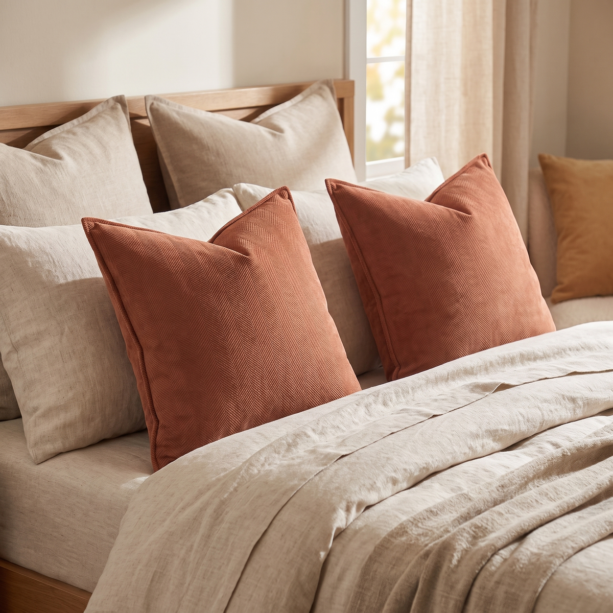 Jacquard Chenille Cushion Cover – Rust – styled on a bed