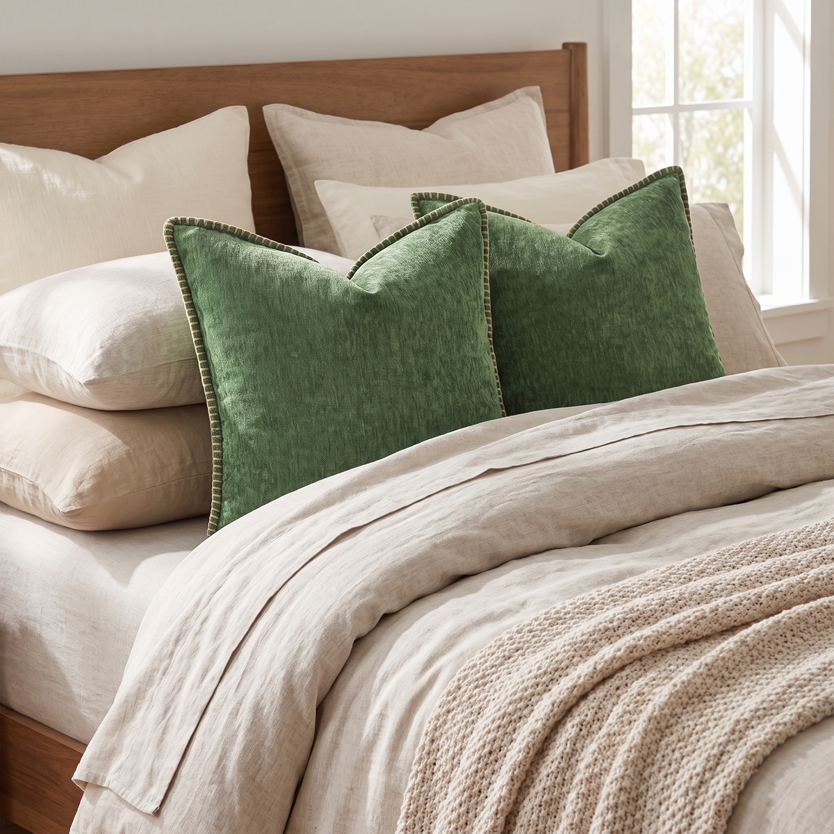 Stitched Edge Chenille Cushion Cover – Forest Green – styled on a bed