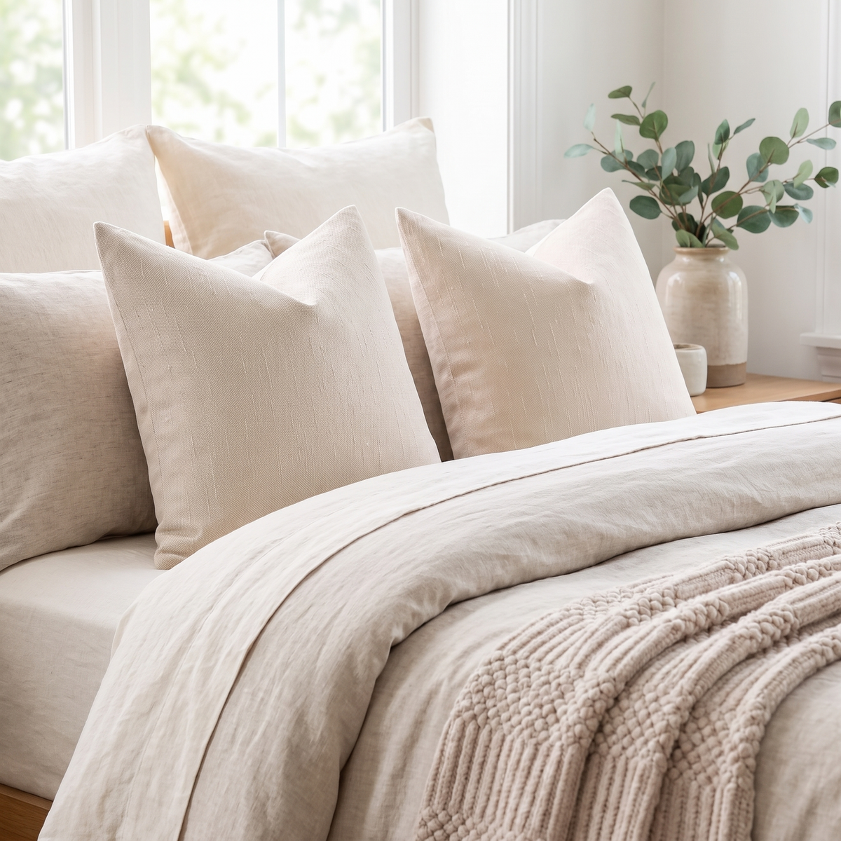 Soft Textured Cushion Cover – Light Beige – styled on a bed