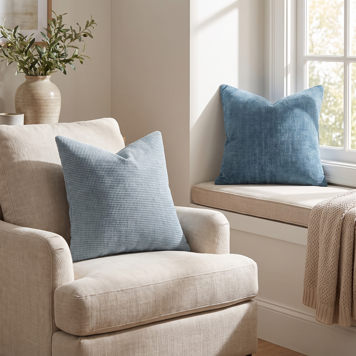 Coastal Blue Chenille Cushion Covers – Set of 4 – styled on an armchair
