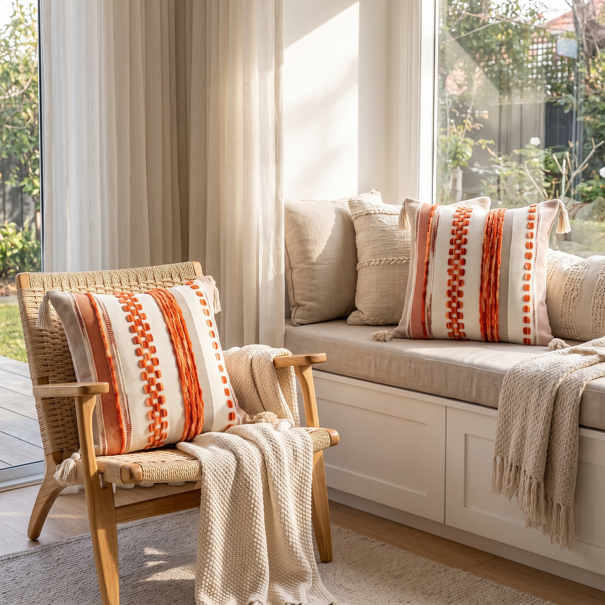 Double-Sided Boho Stripe Cushion Covers – Set of 4 – styled on an armchair