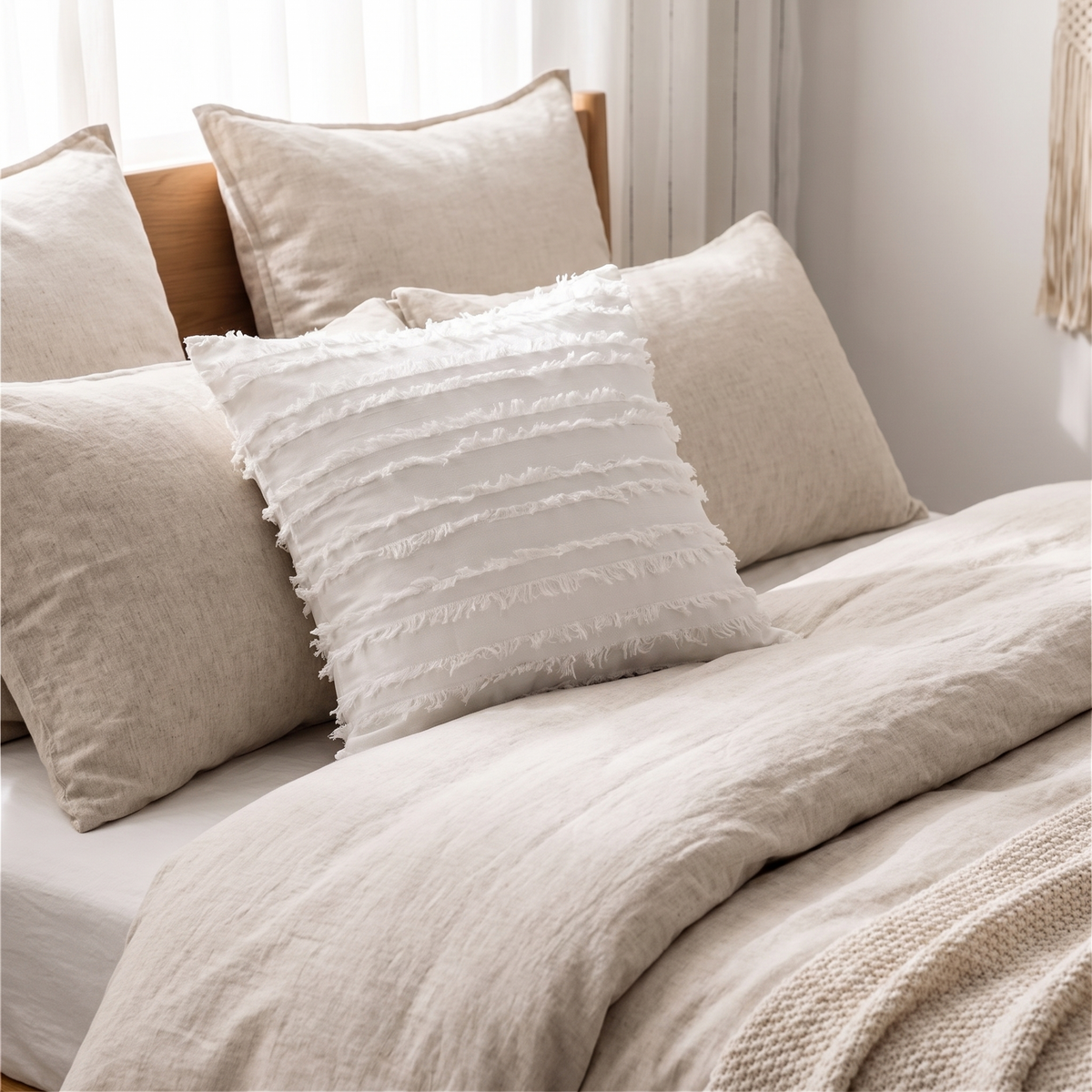 Bohemian Fringe Cushion Cover – Natural – styled on a bed