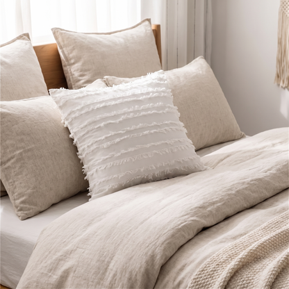 Bohemian Fringe Cushion Cover – Natural – styled on a bed