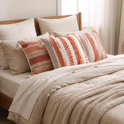 Double-Sided Boho Stripe Cushion Covers – Set of 4 – styled on a bed