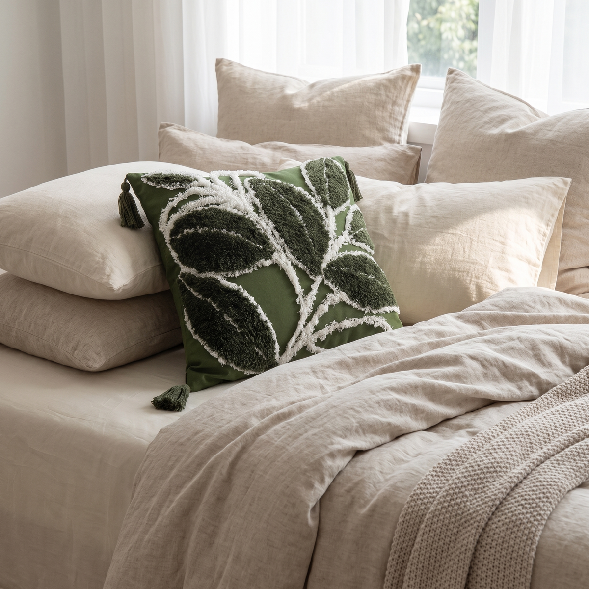 Plush Leaf Tassel Cushion Cover – Sage – styled on a bed
