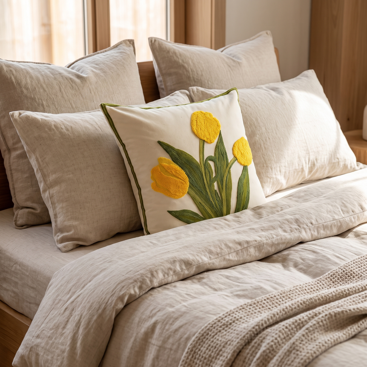 Blooming Tulip Cushion Cover – Floral – styled on a bed