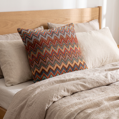 Zigzag Knit Boho Cushion Cover – styled on a bed