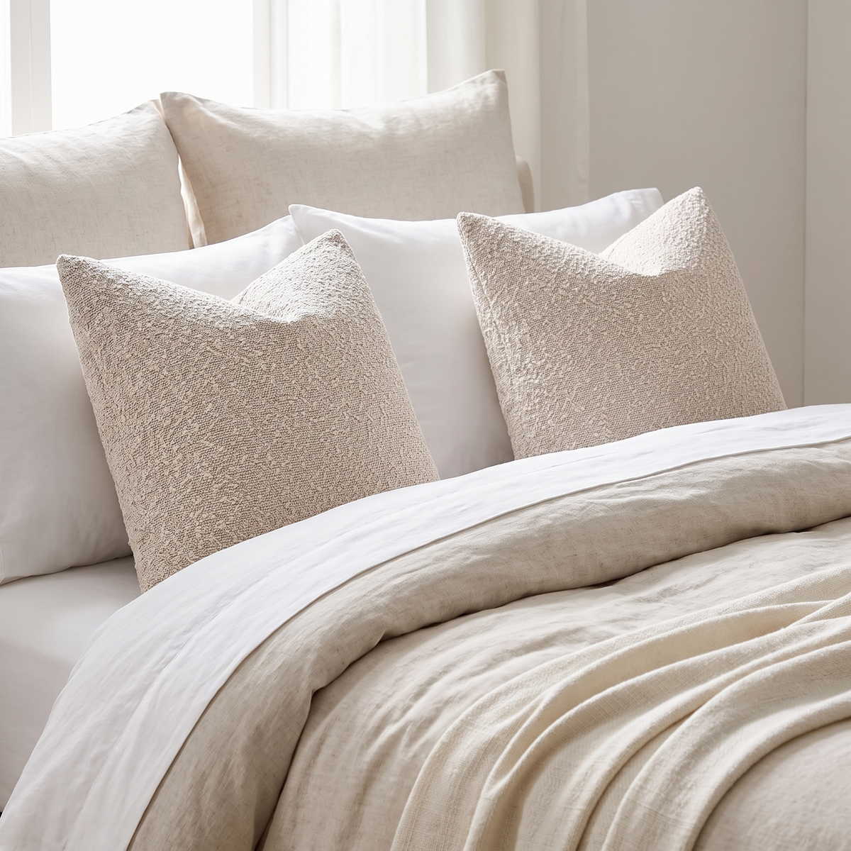 Cosy Boucle Accent Cushion Cover – Beige – styled on a bed