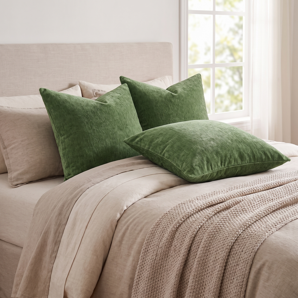 Solid Chenille Cushion Cover – Moss Green – styled on a bed