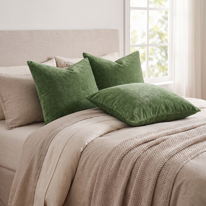 Solid Chenille Cushion Cover – Moss Green – styled on a bed