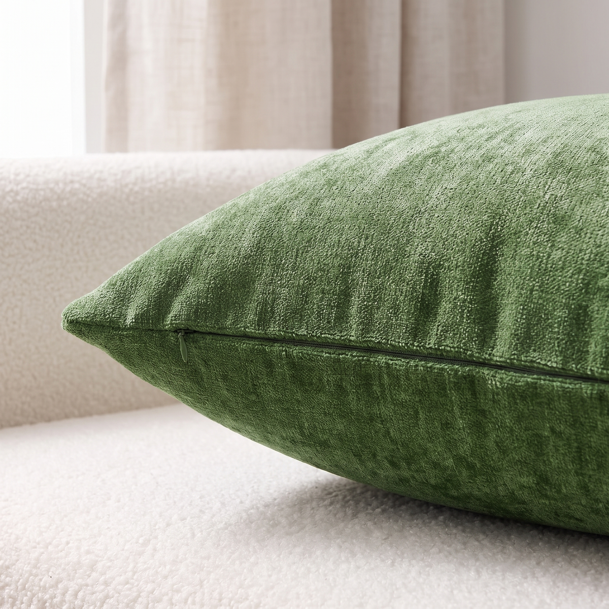 Solid Chenille Cushion Cover – Moss Green – fabric close-up
