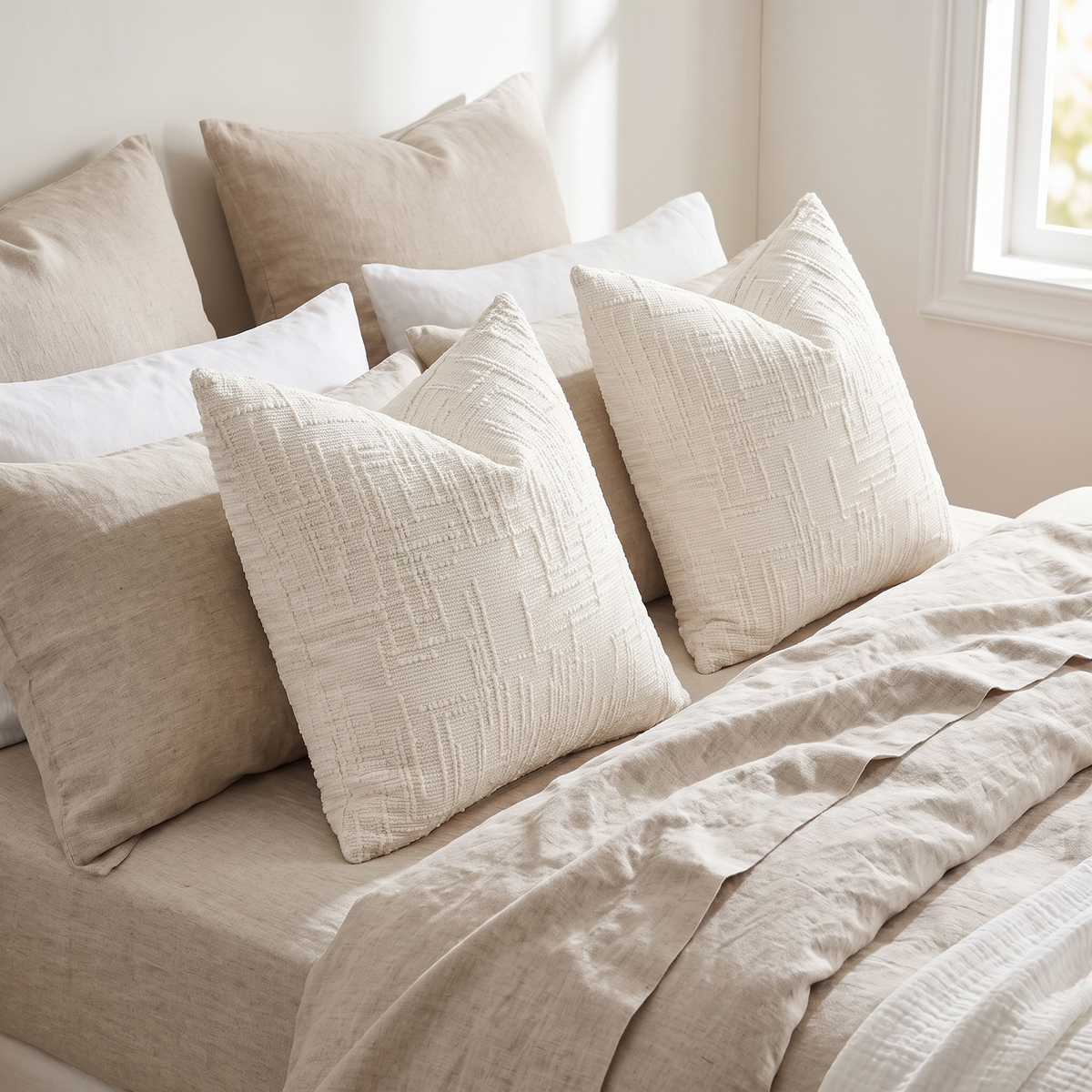 Slubby Chenille Cushion Cover – Cream White – styled on a bed