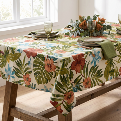 Monstera Leaf Cotton Tablecloth – styled on a dining table