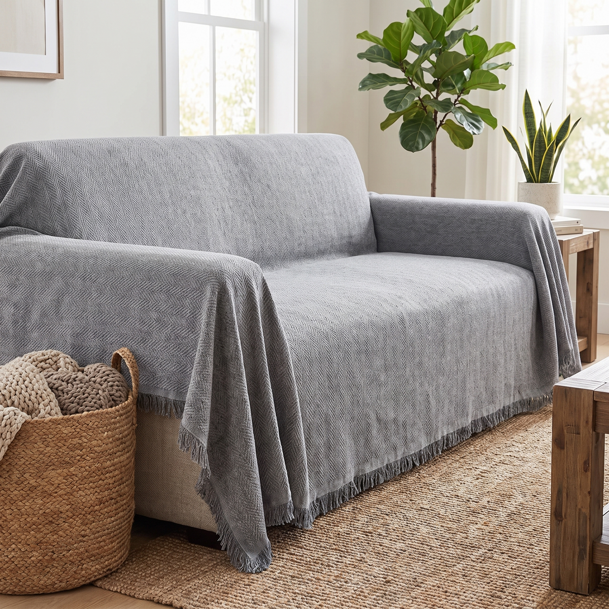 Minimalist Couch Cover – Solid Neutral – fitted on a sofa