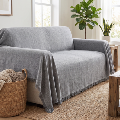 Minimalist Couch Cover – Solid Neutral – fitted on a sofa