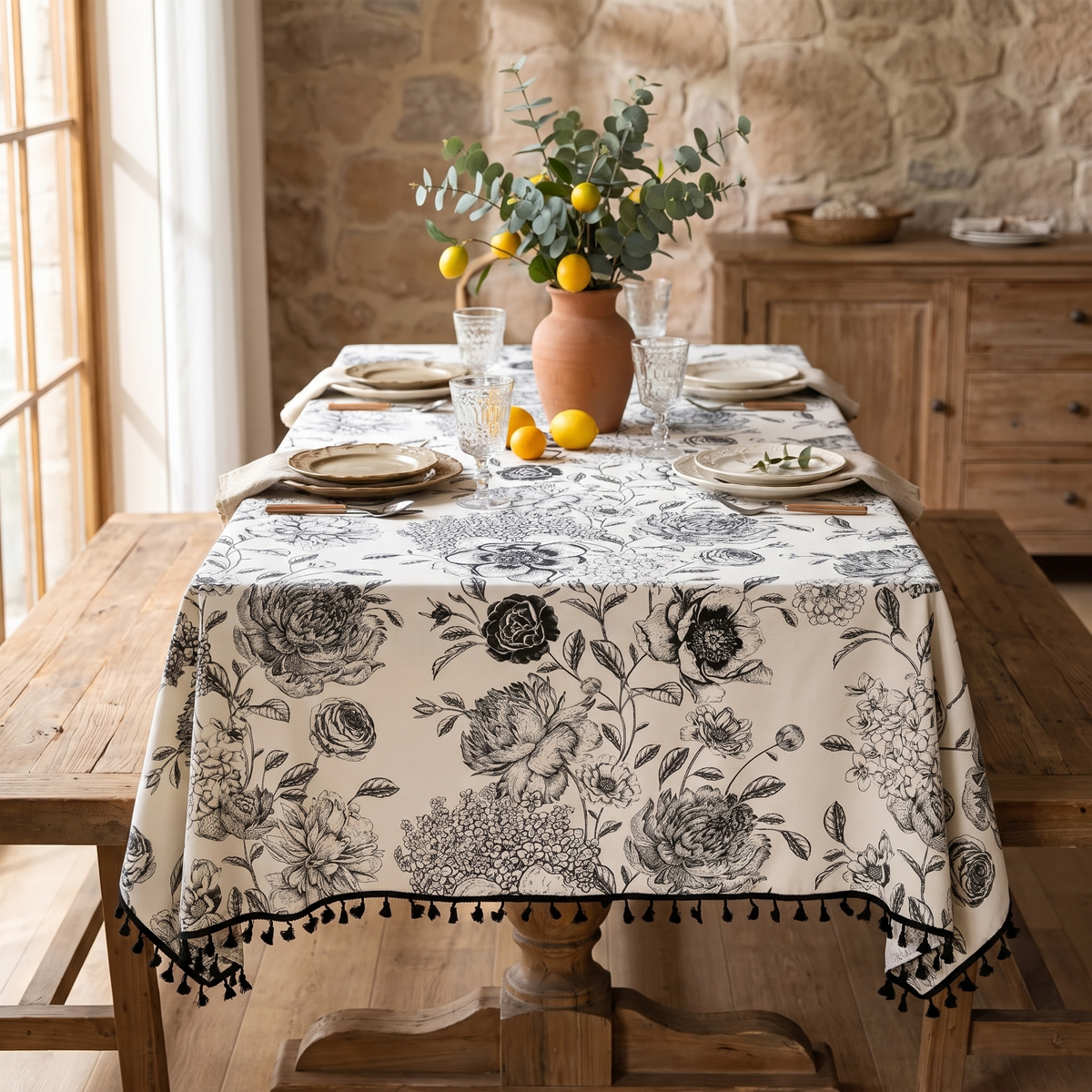 Black Floral Tassel Farmhouse Tablecloth – styled on a dining table