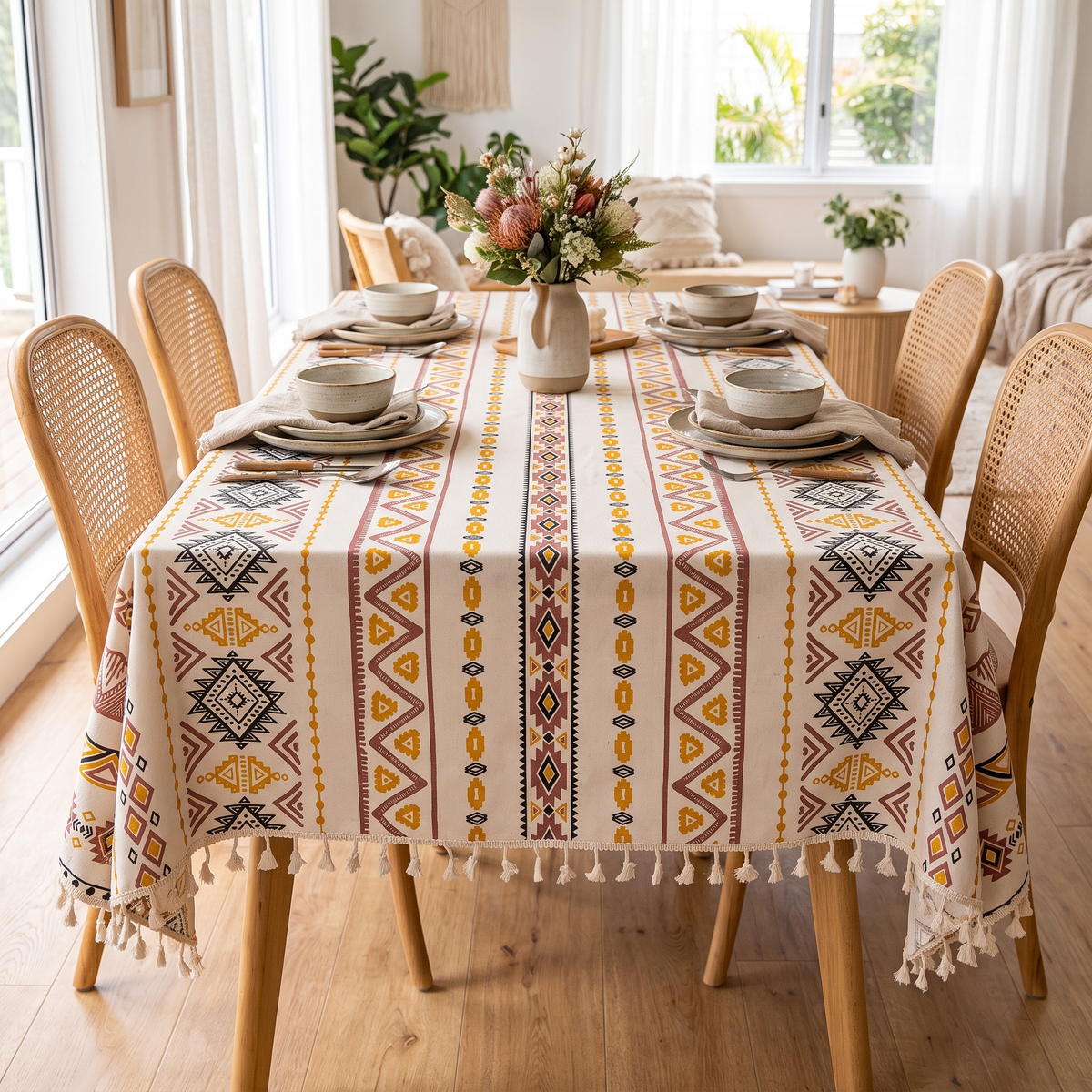 Bohemian Tassel Tablecloth – Global Print – styled on a dining table