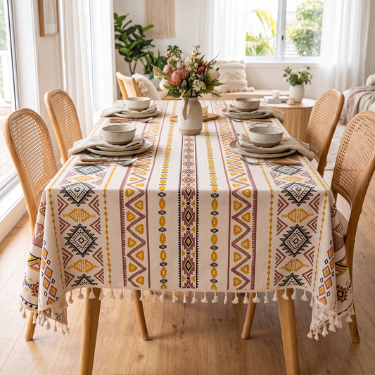 Bohemian Tassel Tablecloth – Global Print – styled on a dining table