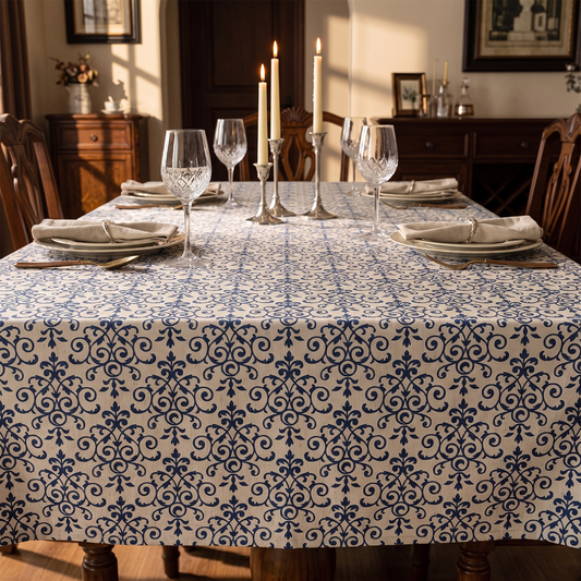Cottage Chic Patterned Tablecloth – styled on a dining table