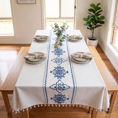 Luxe Embroidered Tablecloth – Sorella – styled on a dining table
