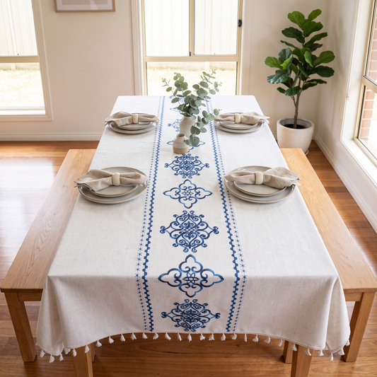 Luxe Embroidered Tablecloth – Sorella – styled on a dining table
