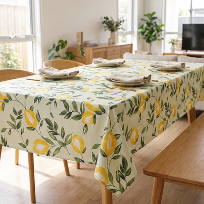 Lemon & Leaf Print Tablecloth – styled on a dining table