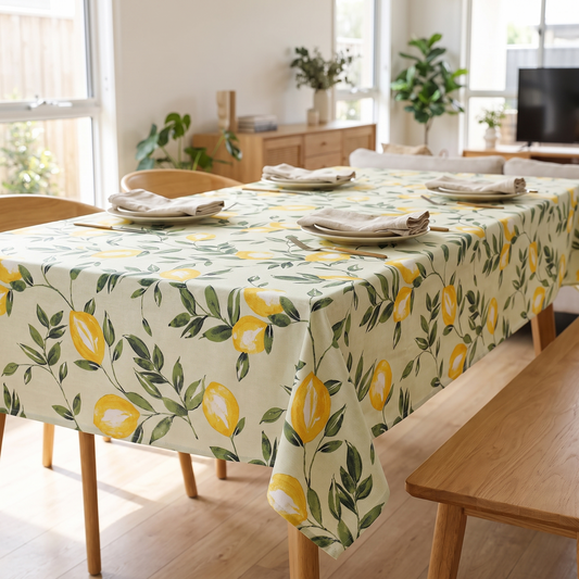 Lemon & Leaf Print Tablecloth – styled on a dining table