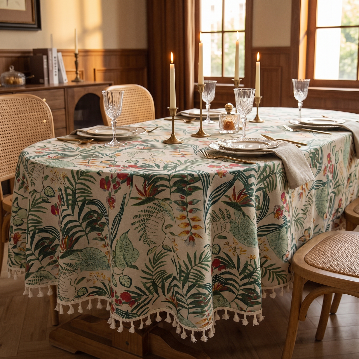 Retro Floral Round Tablecloth – styled on a dining table