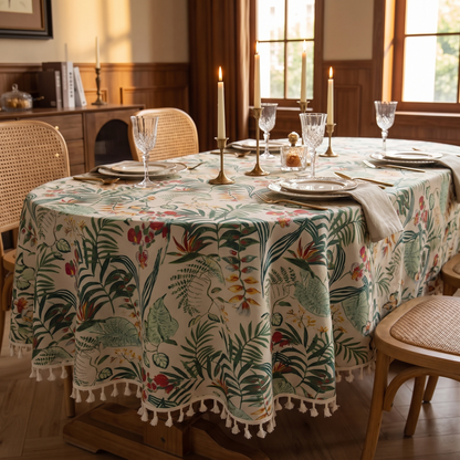 Retro Floral Round Tablecloth – styled on a dining table