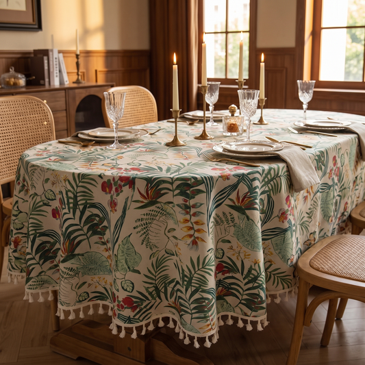 Retro Floral Round Tablecloth – styled on a dining table