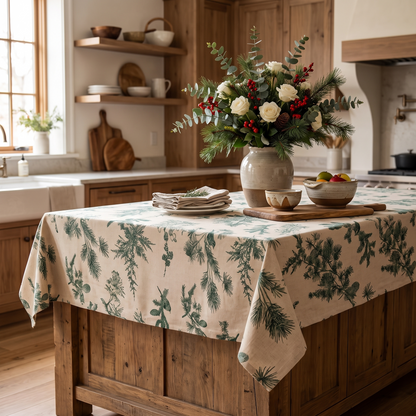 Pine Grove Cotton Christmas Tablecloth – styled on a sideboard